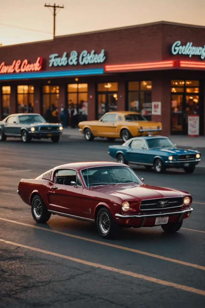 A sleek Ford Mustang races down Route 66 at dusk, its cherry red paint gleaming under the last rays of the setting sun, sharp focus, golden hour lighting.