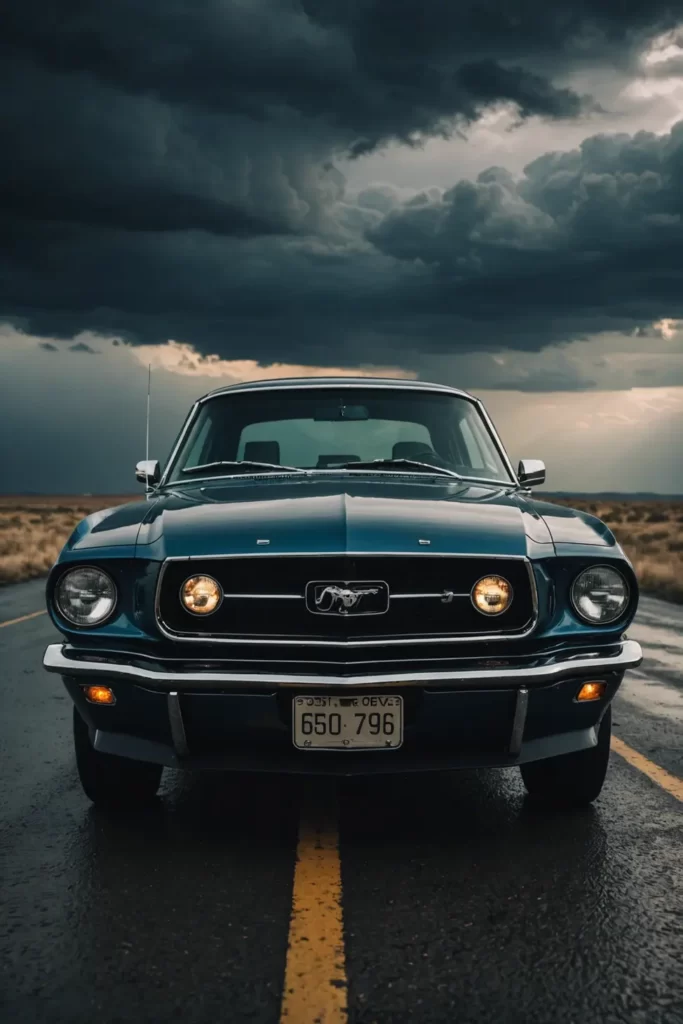 A Mustang's powerful grille fills the frame, set against the dramatic backdrop of a stormy sky, an embodiment of raw power, moody atmosphere, high contrast.