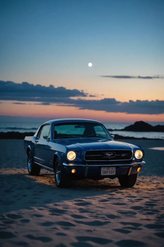The iconic silhouette of a Ford Mustang parked on a deserted beach, the deep blue twilight sky reflecting off its polished chrome details, ambient lighting, high-resolution.