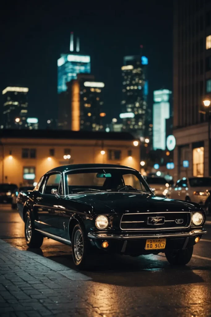 A vintage Ford Mustang in glossy black rests under the bright lights of a city skyline at night, dramatic lighting, bokeh effect.