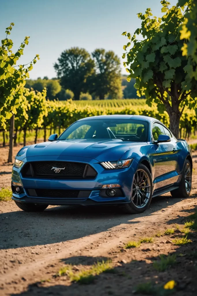 The muscular stance of a Ford Mustang GT, captured in vibrant colors amidst a sun-soaked vineyard, high-dynamic range, eye-catching composition.