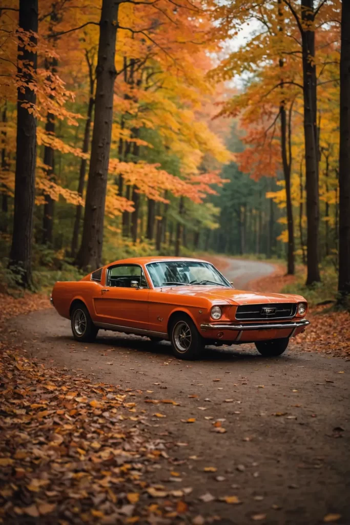 A classic Ford Mustang fastback, highlighted by the oranges and reds of a fall backdrop in a serene forest, soft natural light, autumn allure.