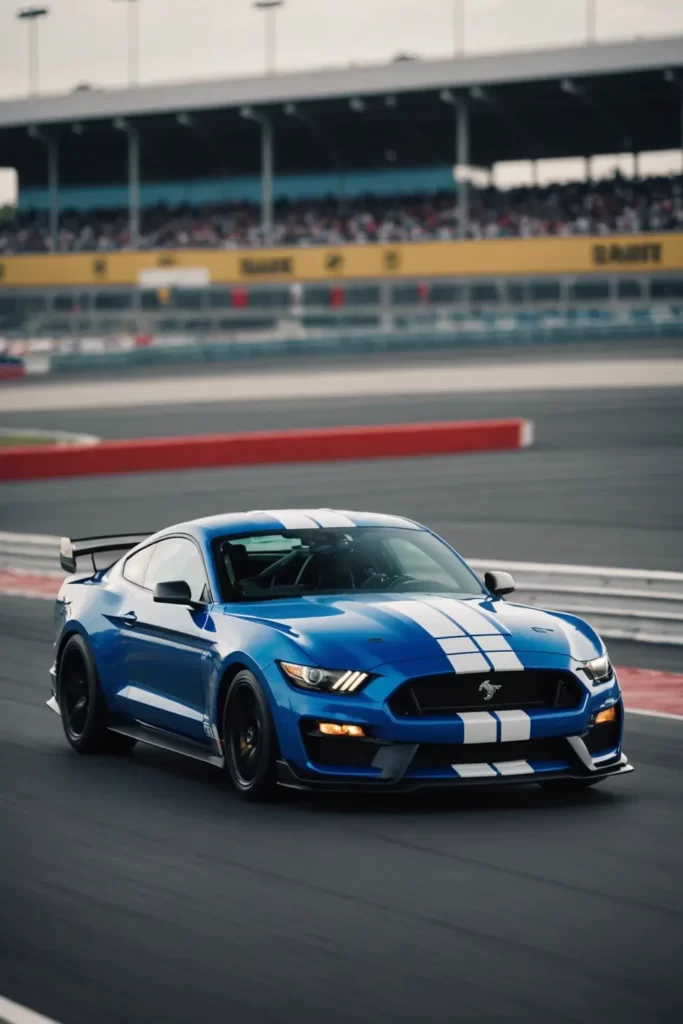 A Ford Mustang Shelby GT500 dominating the racetrack, its sleek lines accented by the stark contrast of blacktop and bright sponsor decals, action shot, panning technique.