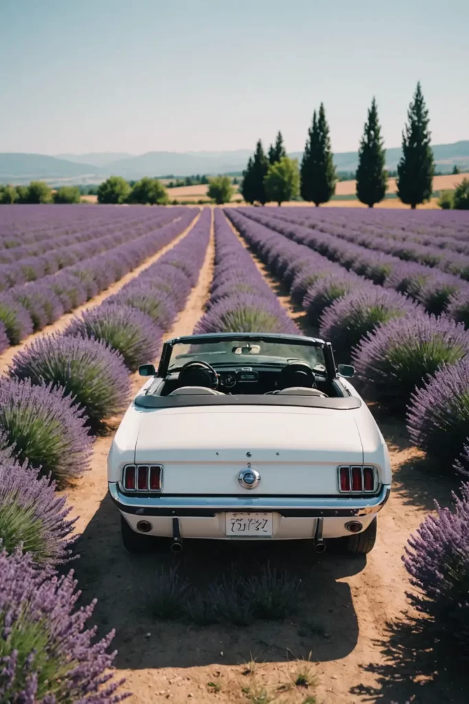 The elegance of a white Ford Mustang with its top down parked amidst the lavender fields, tranquil setting, pastel colors palette.