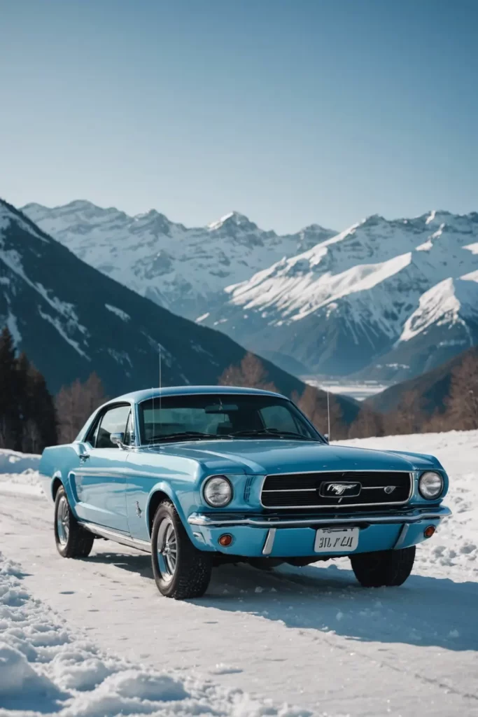 An ice blue Ford Mustang, frozen in time against a backdrop of snow-capped mountains, crisp winter light reflecting off its surface, cold ambiance, high definition.