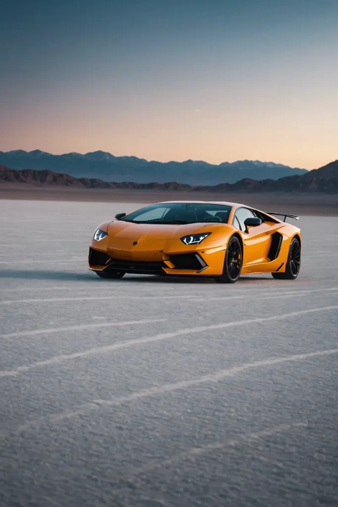 A Lamborghini Aventador captured in a motion blur as it speeds along an empty salt flat, mountains looming in the background, dusk light painting the sky, sharp focus, dramatic lighting