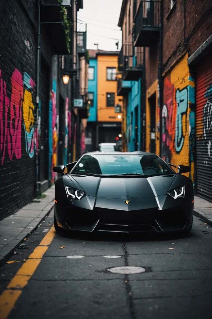 The angular lines of a matte black Lamborghini Aventador stand out against the vibrant graffiti of an urban alley, ambient lighting, high-contrast, 4k resolution