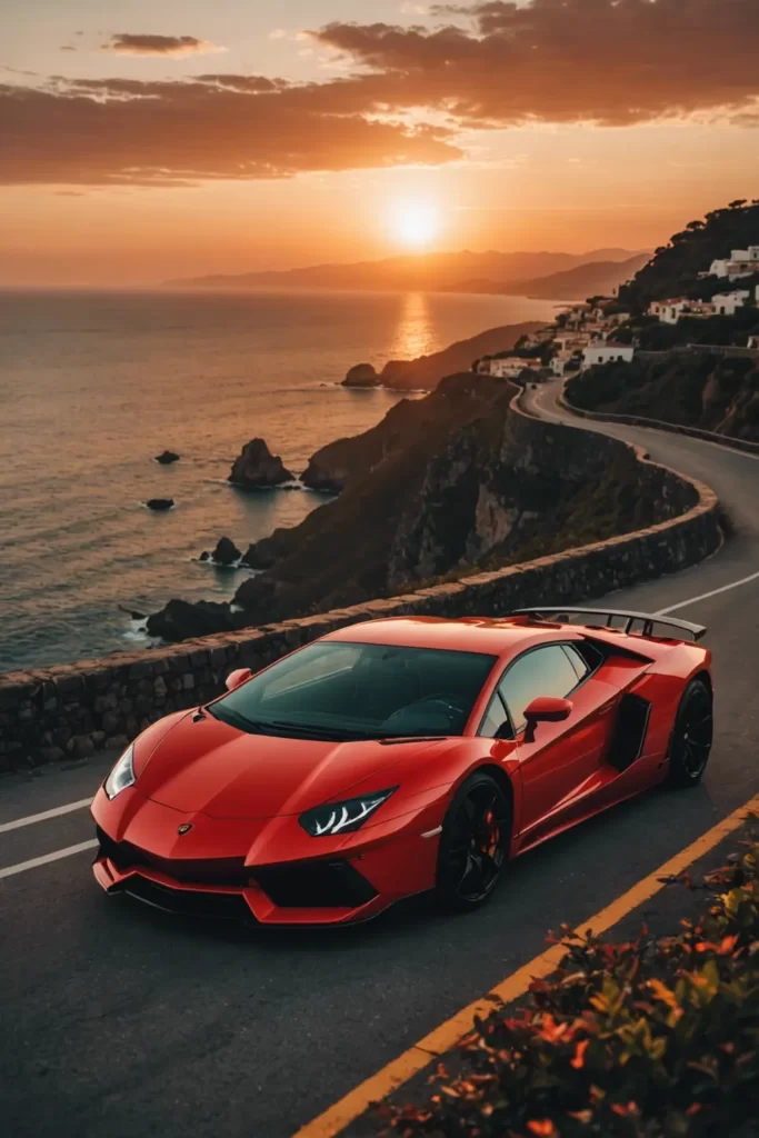 A fiery red Lamborghini Aventador dominates the frame, parked on a cliffside road with a breathtaking sunset over the ocean, epic composition, warm tones
