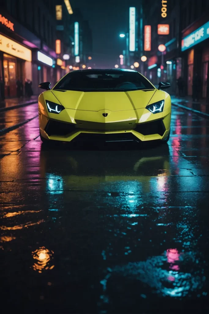 A neon-lit Lamborghini Aventador captured at night on a rain-slick city street, neon reflections, cyberpunk style, moody atmosphere, octane render