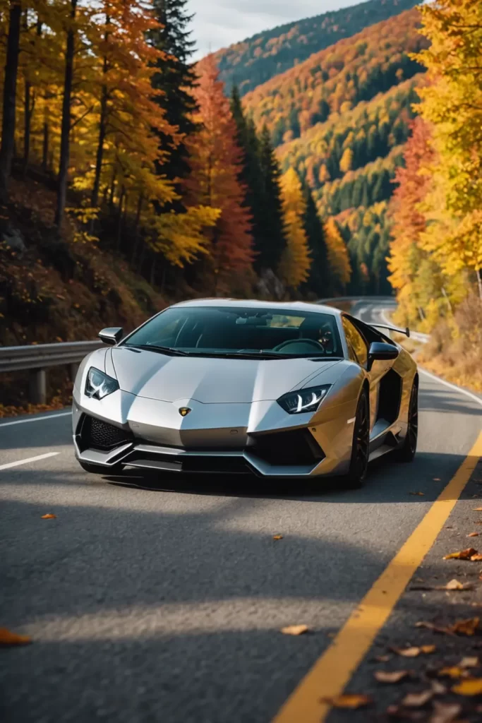A silver Lamborghini Aventador in a high-speed chase scene on a winding mountain road, surrounded by autumnal forest colors, dynamic and cinematic, sharp focus