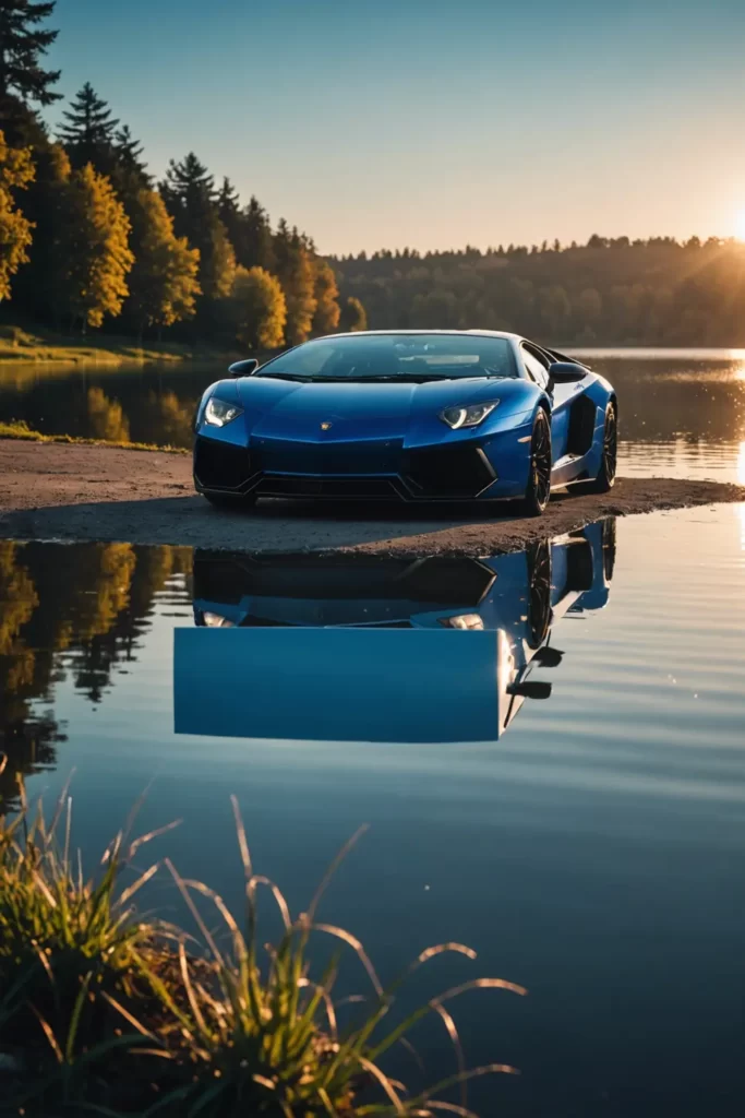 A metallic blue Lamborghini Aventador bathed in the golden light of sunrise, parked beside a tranquil lake mirroring the sky, peaceful, picturesque, high dynamic range