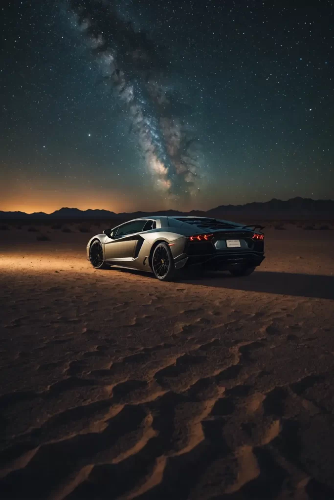 The silhouette of a Lamborghini Aventador against an expanse of stars, parked in the desert with the Milky Way arching above, surrealism, beautiful, post-processing