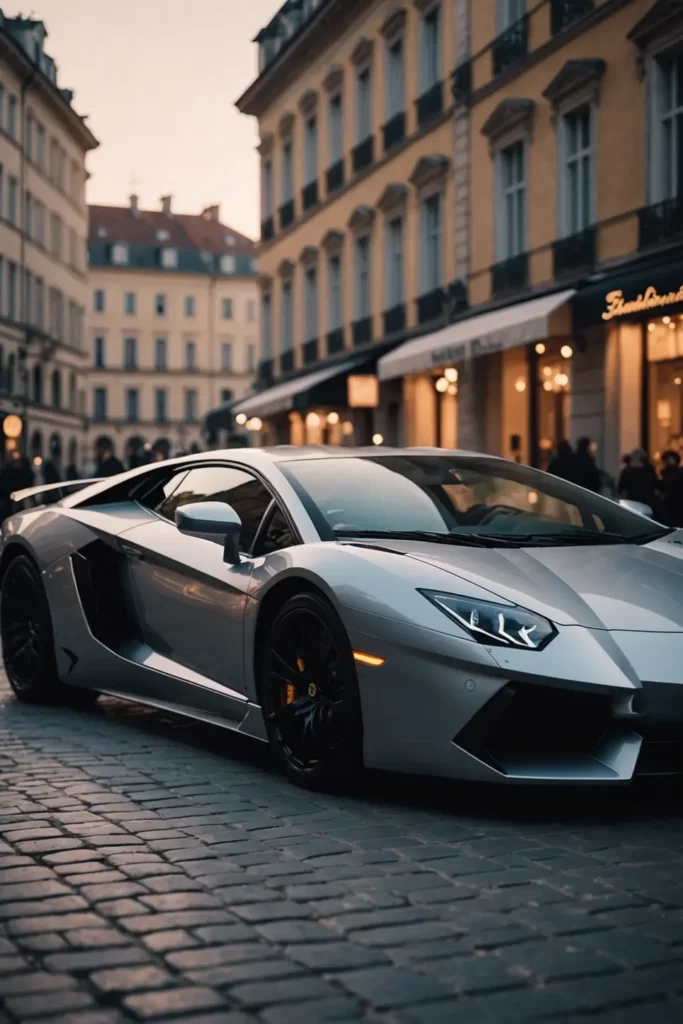 A Lamborghini Aventador draped in the soft light of dawn, its sleek lines highlighted against the backdrop of a historic European city square, classic elegance, sharp, 4k