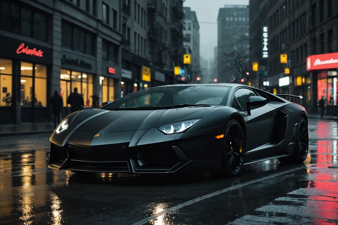 Une Lamborghini Aventador noire mat survole un paysage urbain gris acier sous une pluie fine, un signe de néon non vu clignote sur son profil.