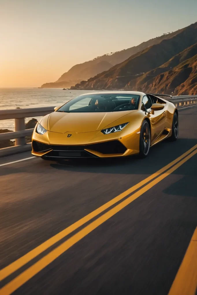 A Lamborghini Huracan speeding down the Pacific Coast Highway at sunset, the golden sky reflecting off its sleek, metallic body, sharp focus, golden hour lighting