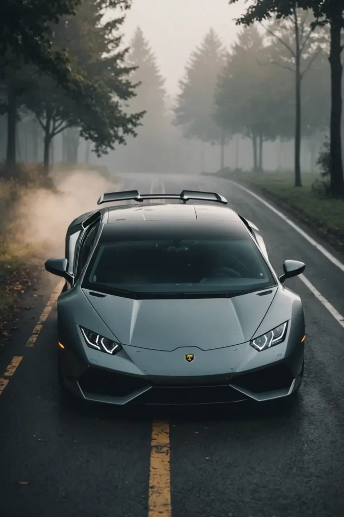 A Lamborghini Huracan captured from a low angle on a misty morning, the light beams cutting through the fog, moody, matte finish