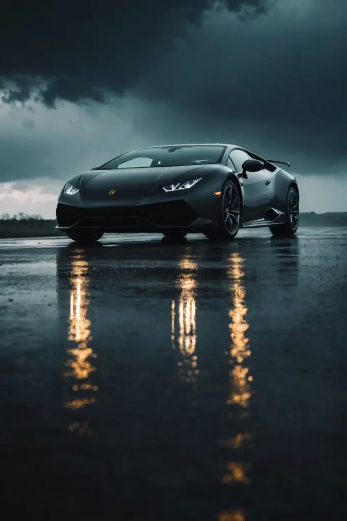 The silhouette of a Lamborghini Huracan against the backdrop of a stormy sky, the car's LED headlights piercing through the mist, high contrast, dramatic lighting