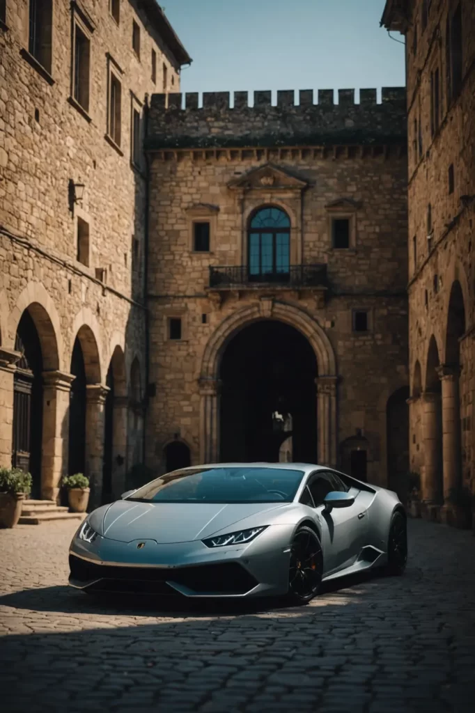 A pristine Lamborghini Huracan parked before an ancient castle, blending modern luxury with timeless architecture, soft ambient lighting, deep shadows