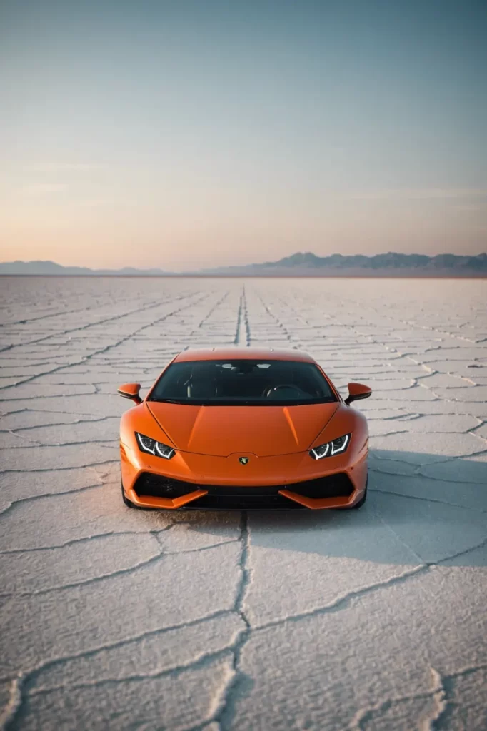 A vibrant orange Lamborghini Huracan positioned center frame on an empty salt flat, mirroring its bold lines on the glistening surface, surrealism, ultra-wide angle