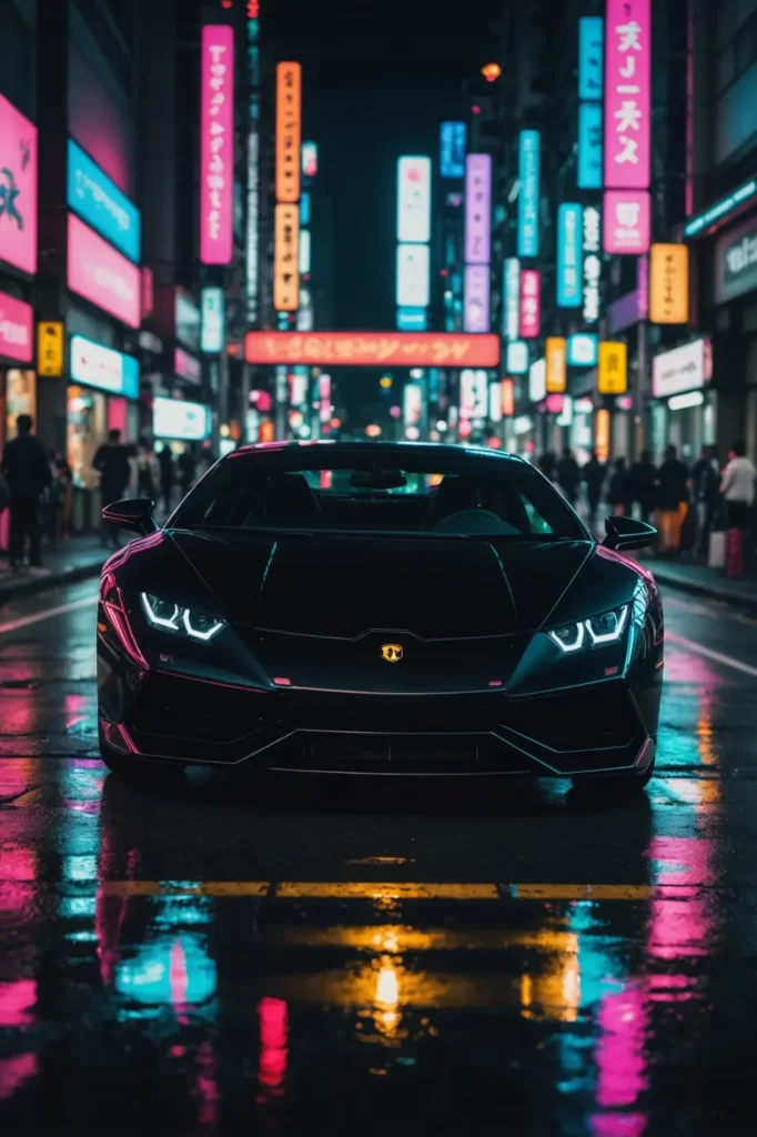 The neon-lit streets of Tokyo reflecting off the glossy black surface of a Lamborghini Huracan in motion, cyberpunk vibes, vivid colors
