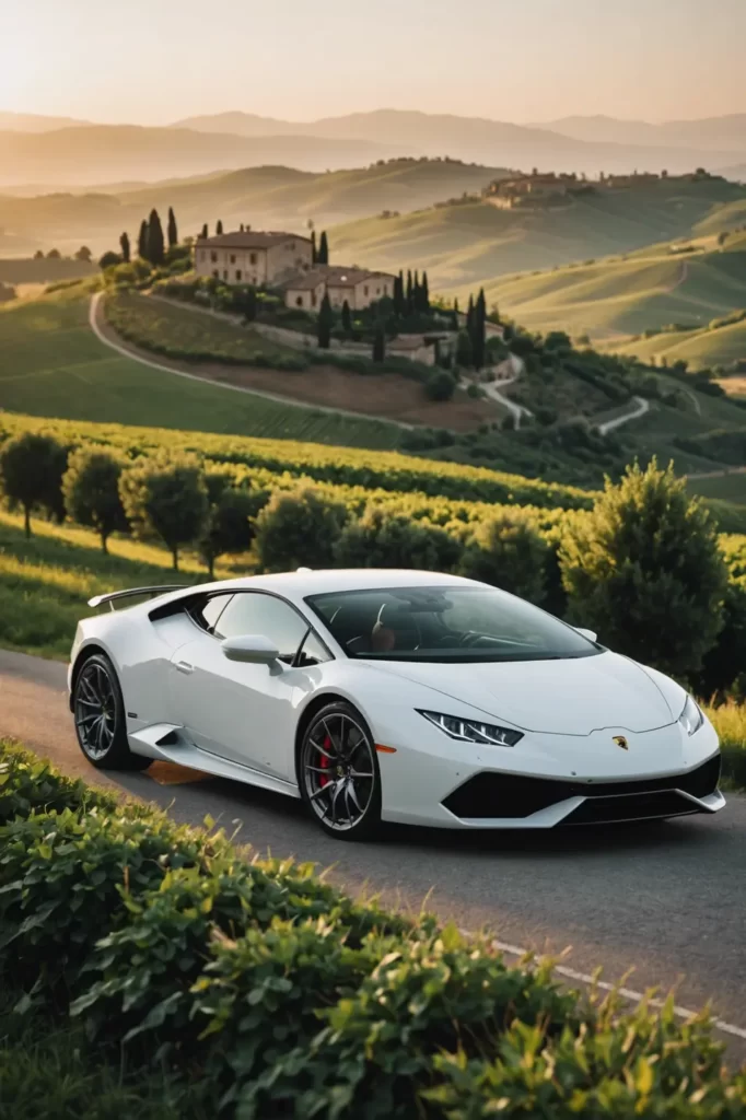 A white Lamborghini Huracan nestled among the verdant hills of Tuscany during sunrise, the warm glow of the sun washing over the landscape, natural color palette, serene