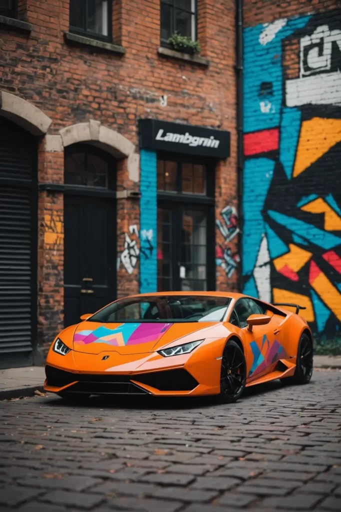 The sharp geometric lines of a Lamborghini Huracan standing out against an old brick wall covered in vibrant street art, urban setting, textured details