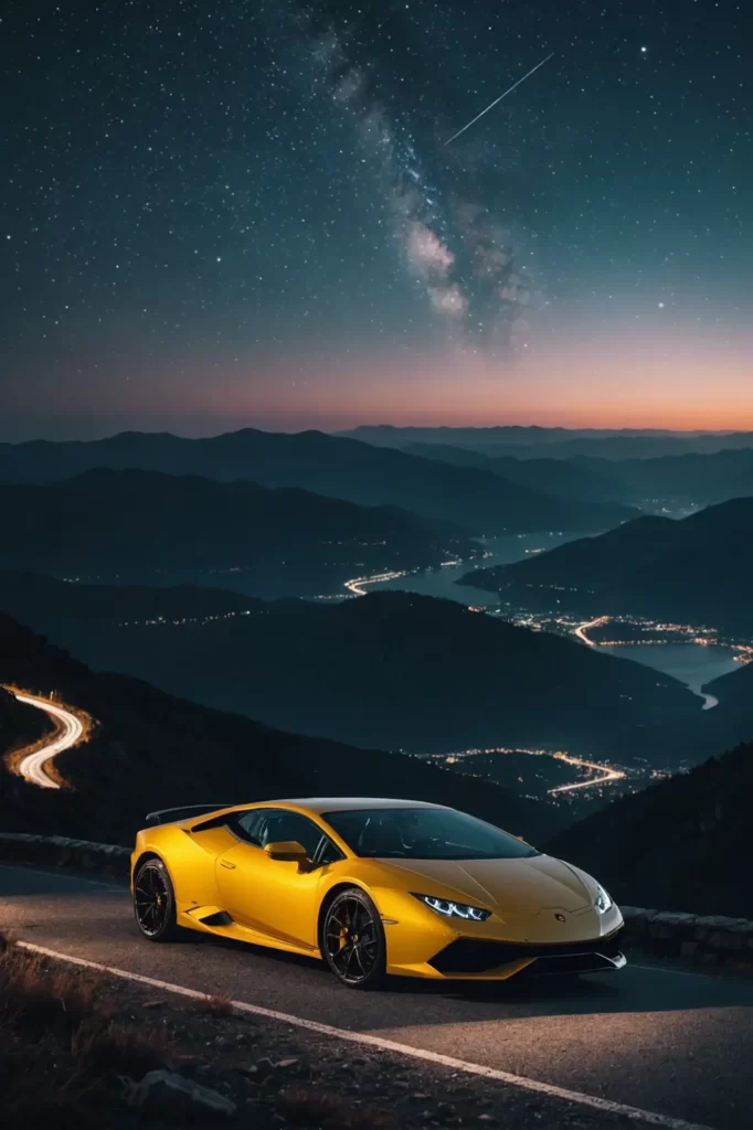 A Lamborghini Huracan on a mountain overlook, breathtaking panoramic view under the starlit sky, long exposure, twinkling stars