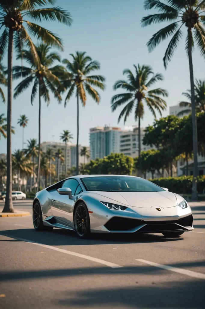 A Lamborghini Huracan cruising along a beachside boulevard, palm trees swaying in the background, relaxed atmosphere, soft-focus background