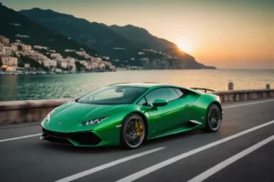 Une élégante Lamborghini Huracan verte métallisée fonce à grande vitesse sur la côte Amalfitaine, resplendissant sous le coucher de soleil méditerranéen, mise au point nette, éclairage dramatique, résolution 4k.