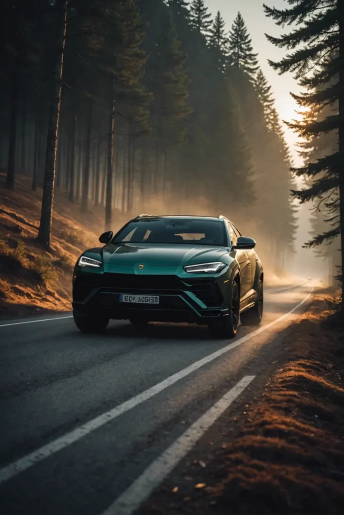 Lamborghini Urus cruising down a foggy mountain road at dawn, sunlight peeking through the pines, sharp focus, ambient lighting.