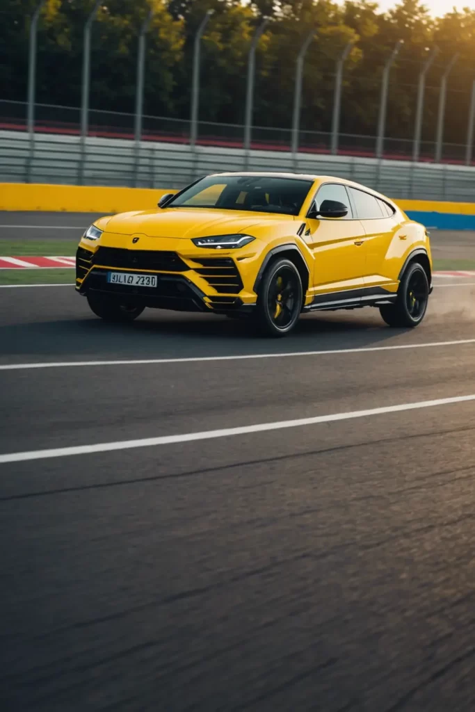 A yellow Lamborghini Urus captured at high speed on a racetrack, motion blur emphasizing velocity, vibrant colors, post-processing, 8k quality.