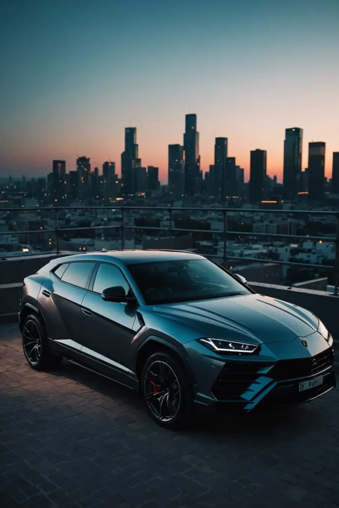 The sleek silhouette of the Lamborghini Urus parked on an urban rooftop overlooking the city skyline at twilight, cool tones, high contrast, 4k resolution.