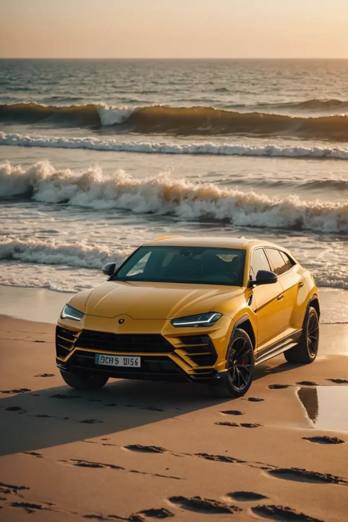 Lamborghini Urus on a deserted beach with waves crashing in the background during golden hour, warm colors, matte finish, dramatic lighting.