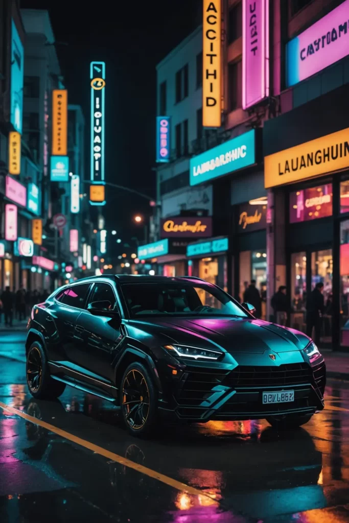 A metallic black Lamborghini Urus reflecting the neon lights of a vibrant nightlife district, cyberpunk aesthetic, sharp reflections, dynamic angles.