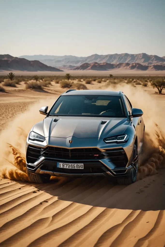 Lamborghini Urus in the middle of a sun-soaked desert, sand swirling in the wind, epic composition, high dynamic range, realistic textures.