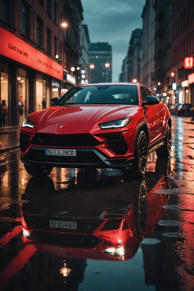 The dynamic stance of a red Lamborghini Urus on a glossy wet street after rain, gleaming with reflected city lights, sharp focus, surreal atmosphere.