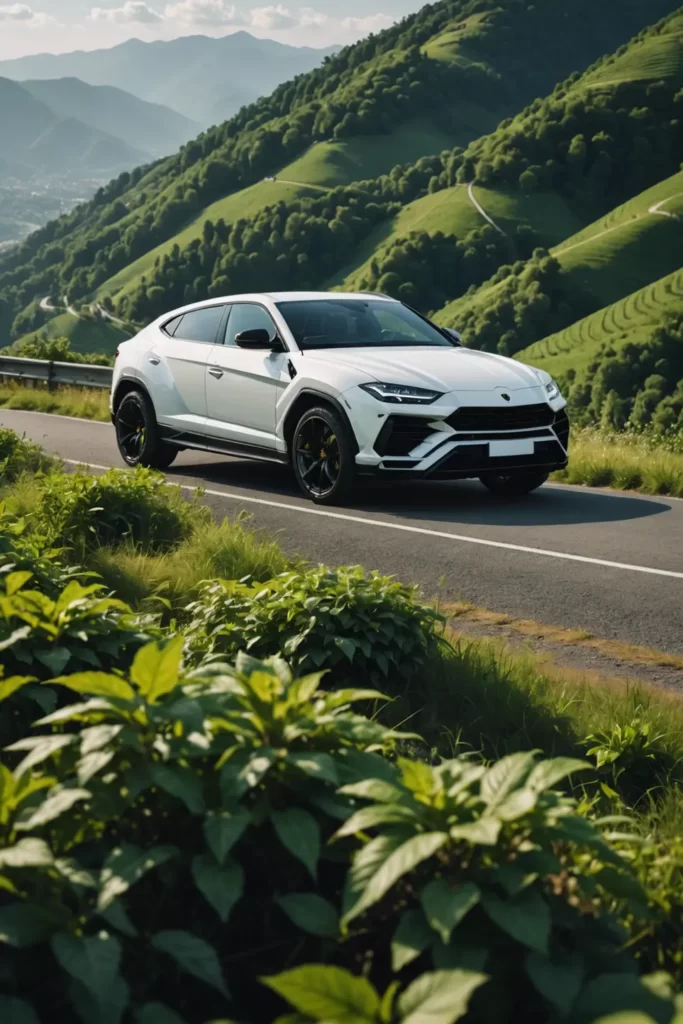 A white Lamborghini Urus framed by lush greenery on a mountaintop, panoramic view, high-detail, natural light, digital paint.