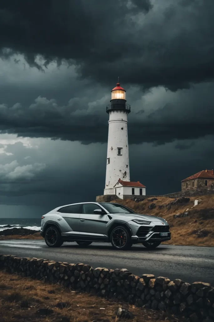 The Lamborghini Urus parked by an old lighthouse on a cliff, storm clouds gathering above, moody tones, HDR, epic composition.