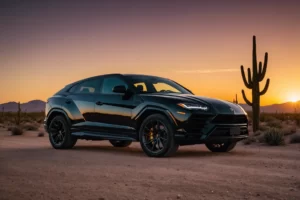 Une Lamborghini Urus noir brillant devant un cactus solitaire au coucher du soleil dans le désert.