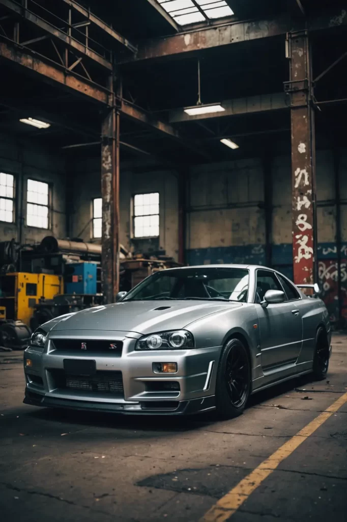 The legendary Nissan GT-R R34 sitting proudly within the industrial chic of an abandoned warehouse, grungy textures, spotlight effect, high contrast, mural backdrop.