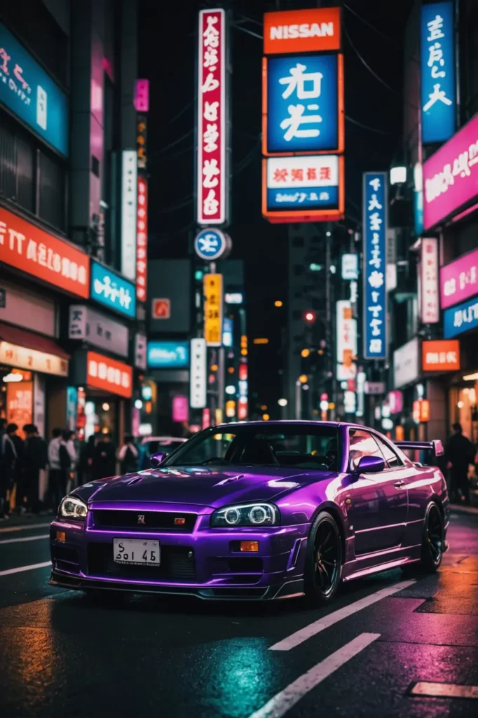 The iconic Nissan GT-R R34, parked under the neon glow of Tokyo's nightlife, ambient lighting, vibrant colors, sharp reflections, digital paint.