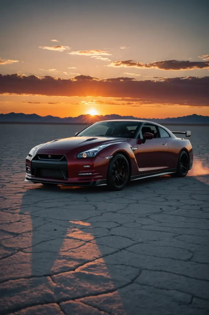 A majestic Nissan GT-R R34 silhouetted against a fiery sunset on a deserted salt flat, epic composition, deep shadows merging with the burning sky, high dynamic range.