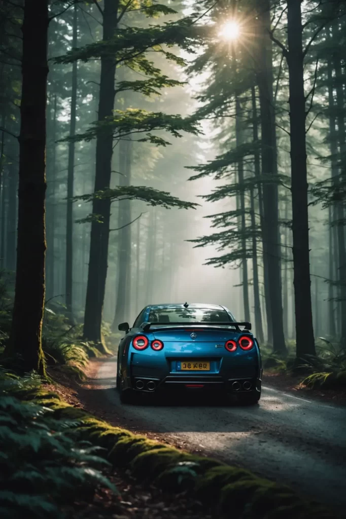An aerial shot of a Nissan GT-R R34 driving through a misty forest, rays of sunlight piercing through the canopy, soft focus, surreal atmosphere, matte finish.