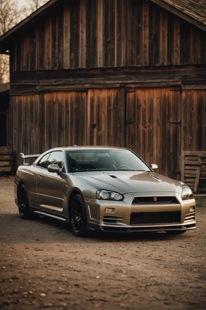 A vintage-inspired Nissan GT-R R34 photo basking in the sepia-toned early morning light, parked beside a rustic barn, nostalgic mood, elegantly faded.