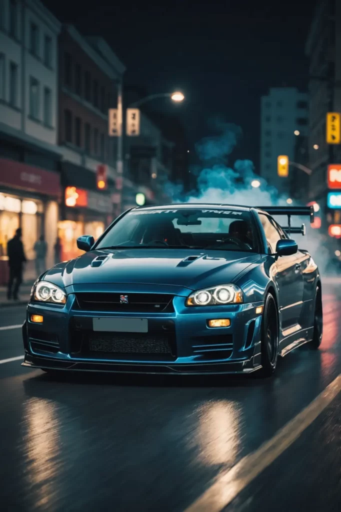A Nissan GT-R R34 frozen in time amidst a dynamic street race, tire smoke wrapping around its chassis, motion blur, dramatic lighting, high octane render.