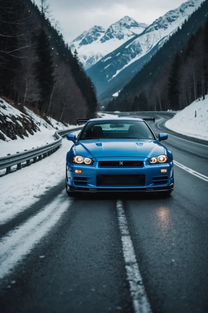 The Nissan GT-R R34, its blue paint reflecting the icy landscape of a snow-covered mountain pass, crisp details, cold hues, beautiful isolation.