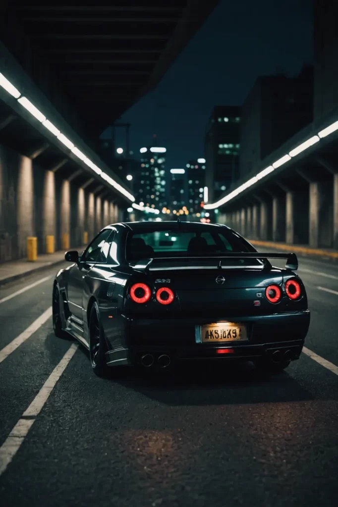 A Nissan GT-R R34 cloaked in the shadows of an urban underpass, the only light coming from the luminescent city skyline behind it, moody, dark tones, sharp detail.