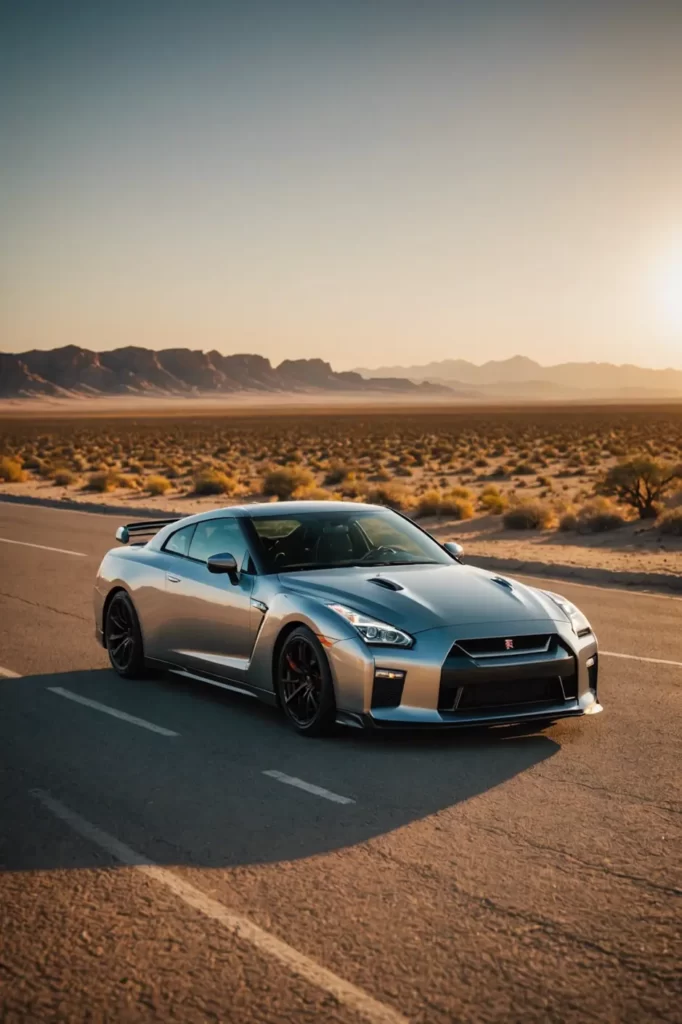 A Nissan GTR 35 parked on an empty desert road at dusk, casting long shadows in the warm golden hour light, sharp focus, dramatic lighting.