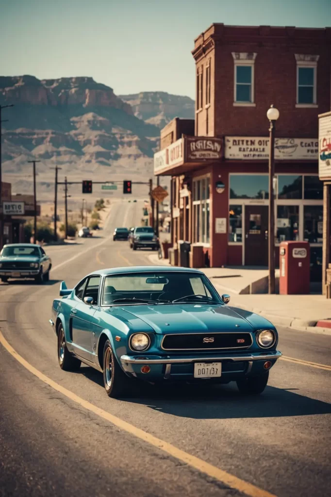 A vintage filter over a Nissan GTR 35 cruising down Route 66, surrounded by classic Americana scenery, nostalgic feel, digital paint, soft-focus, post-processing.