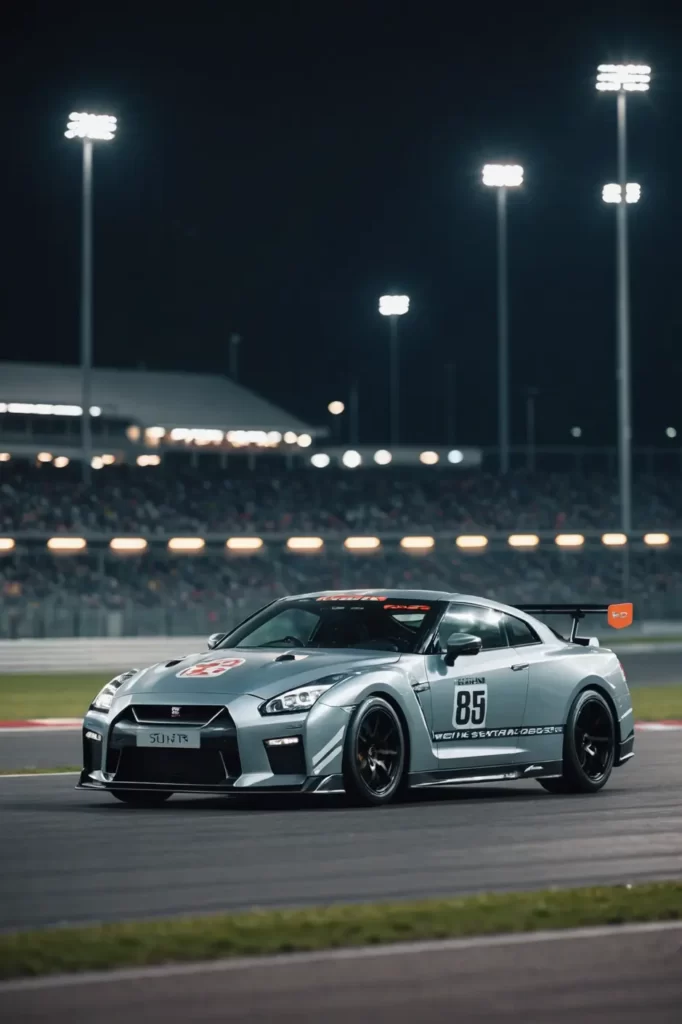 The Nissan GTR 35 captured in mid-action on a racetrack, blurred background emphasizing speed and power, high-speed shutter, ambient lighting.